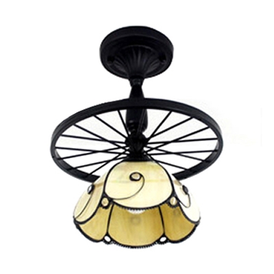 Vintage Wheel Design Semi Flush Ceiling Light with Beige Flower Shape Shade for Foyer