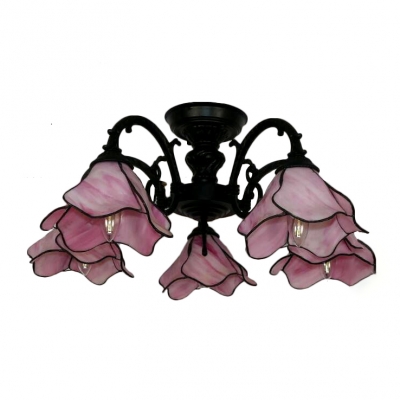 3/5-Light Tiffany Art Glass Pink Flower Shade Semi Flush Mount Ceiling Fixture for Living Room Restaurant