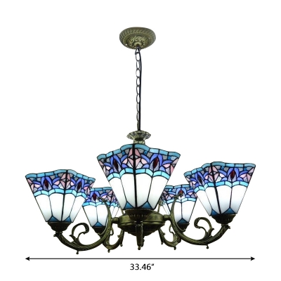 5-Light Blue&White Inverted Stained Glass Shade Chandelier in Antique Bronze