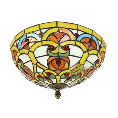 Baroque Style Tiffany Stained Glass Ceiling Light Fixture with Bowl Shade, Bronze Finish