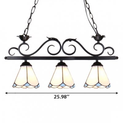 Black Finish Wrought Iron Frame 3-Light Billiard Chandelier with Stained Glass Flower Shades