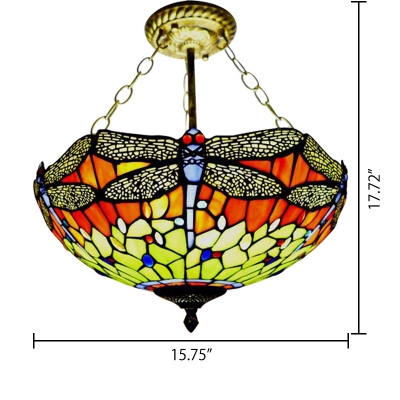 Colorful Dragonfly 2/3- Light Inverted Hanging Lamp with Tiffany Classic Art Glass Shade, 12/16-Inch Wide, Aged Brass Finish