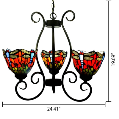 Country Style Tiffany Three-light Red/Blue Stained Glass Chandelier with Dragonfly Pattern