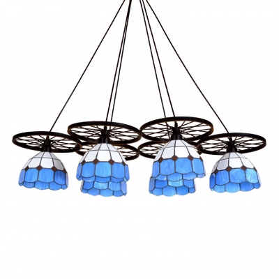 Mediterranean Style Tiffany Stained Glass 6-Light Hanging Pendant Lamp with Blue Dome Shade and Wheels