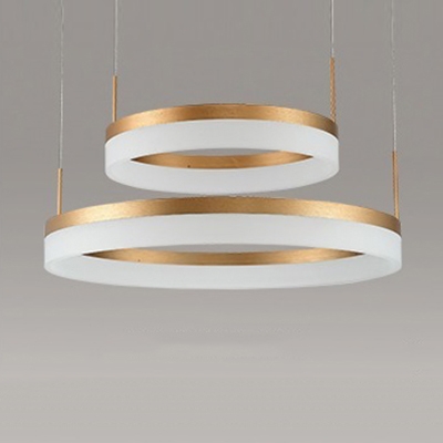 Modern Brass Tiered Frosted Shade LED Circular Ring Chandelier wIith Adjustable Height 5 Sizes for