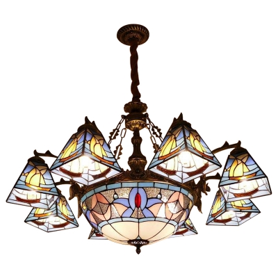Nautical Style Sailboat Motif Stained Glass Shade Chandelier with Center Bowl