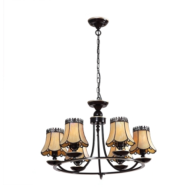 Traditional Style Simple Yellow Glass Empire Shade Chandelier in Black Finish, 6 Lights