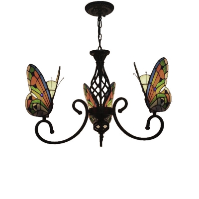 Kids Room Living Room Tiffany Style Stained Glass Chandelier with Butterfly Shaped Lamp Shade 3 Sizes for Option