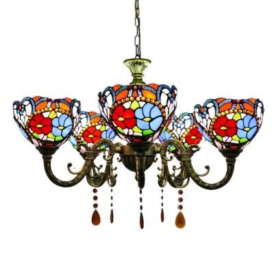 5-Light Multicolored Flower Pattern Bowl Shade Chandelier with Amber Crystal Droplets