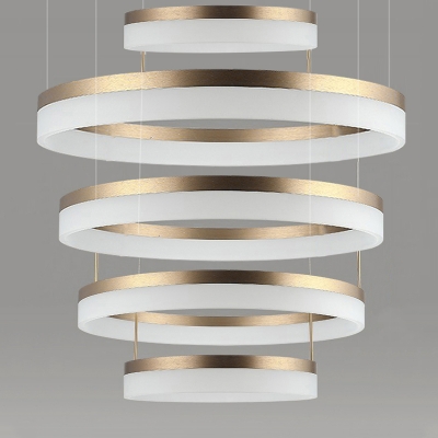 Modern Brass Tiered Frosted Shade LED Circular Ring Chandelier wIith Adjustable Height 5 Sizes for