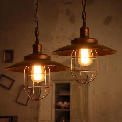 Rust 1-Light Pendant Vintage Style with Metal Shade Cage for Restaurant Cafe