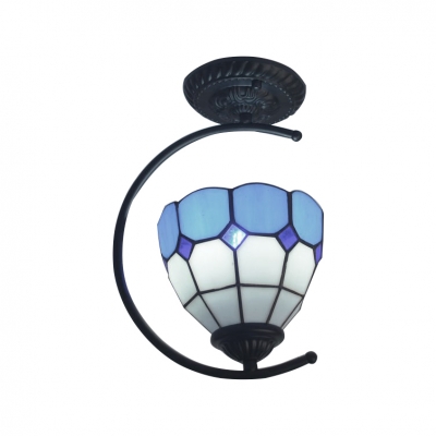 Tiffany Mediterranean Style Semi Flush Mount Ceiling Light  with Blue&White Checkered Bowl Shade