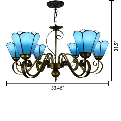 Floral Shade 6-Light Inverted Tiffany Stained Glass Chandelier in White/Blue