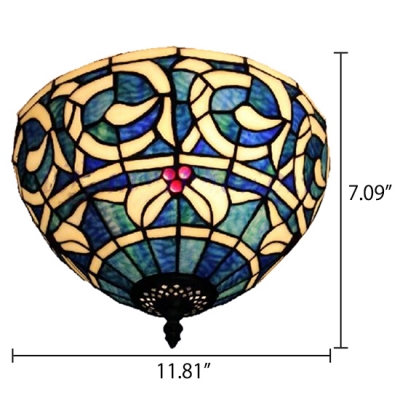12-Inch Wide Tiffany Art Flush Mount Lamp Up Lighting Baroque Style with Stained Glass Shade in Blue, 2-Light