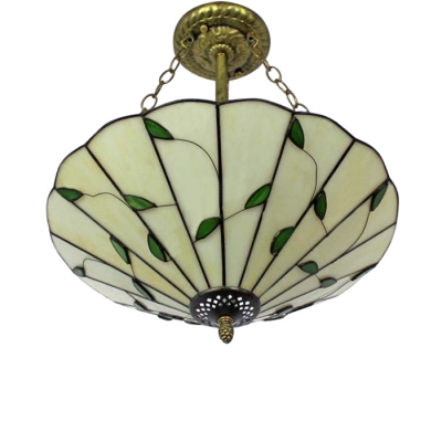 16/19-Inch Wide Conical Shade Tiffany Art Glass Inverted Pendant Light with Leaves Decorated, Antique Brass Finish