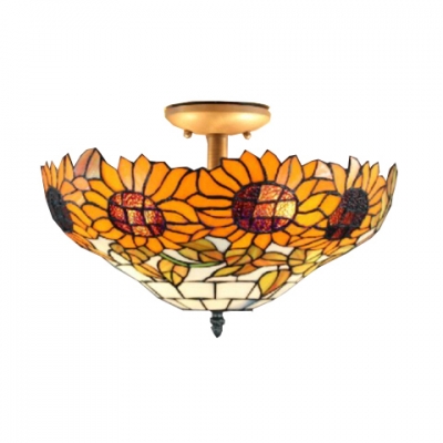 2-Light Semi-Flush Mount Ceiling Fixture with Tiffany Colorful Glass Shade, 16