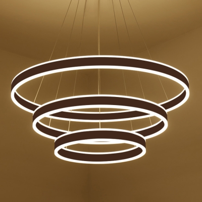 Adjustable Hanging Light Brushed Aluminum Single Ring/Dual Ring/Triple Ring Chandelier in Brown for Foyer Entryway Staircase