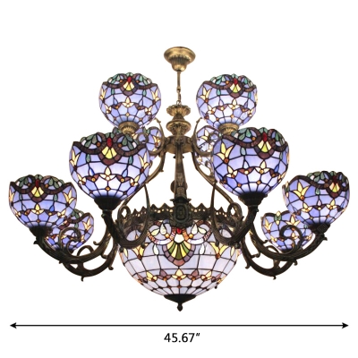 Blue Stained Glass Victorian Style 1/2-Tier Center Bowl Chandelier for Living Room Hotel
