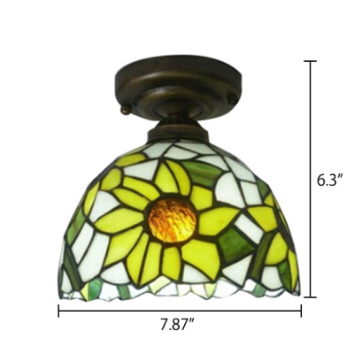 Down Lighting Sunflower Theme Tiffany Flush Mount Ceiling Light with Dome Shade, 8