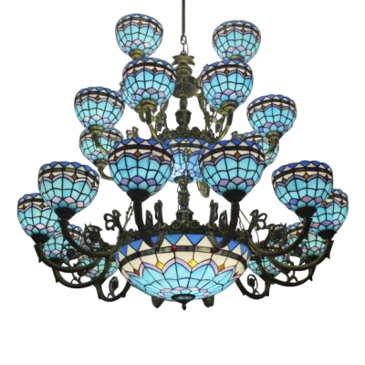 Mediterranean Style Blue Stained Glass 2/3 Tiers Chandelier with Center Bowl