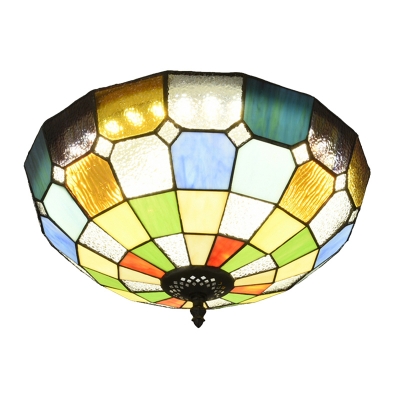 Tiffany Stained Glass Checkered Bowl Shade Flush Mount Light 15.75