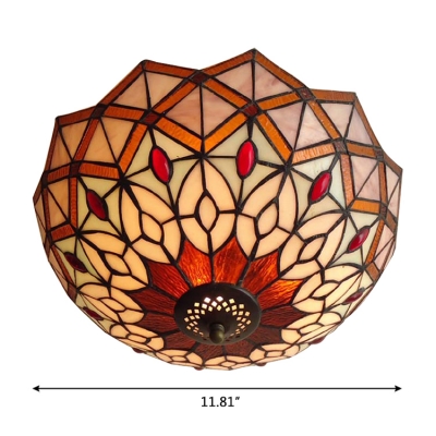 Tiffany Stained Glass Flush Mount Light Featuring Peacock Tail Pattern 12 Inch Wide