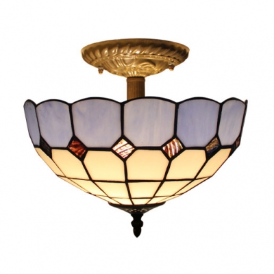 Tiffany Stained Glass Mediterranean Semi-Flush Mount Featuring Blue&White Checkered Pattern