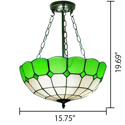 White&Green Bowl Shaped Pendant Light Tiffany Style Semi Flush Mount with 12