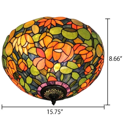 16-Inch Wide Tiffany Flush Mount Ceiling Light Upward with Colorful Flower Shade, 2-Light