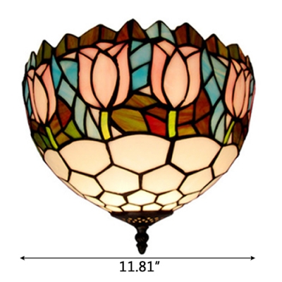 7 Inch High Tulip Pattern Stained Glass Bowl Shade Flush Mount Light for Kids Room Hallway