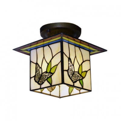 Creative Tiffany Stained Glass Semi Flush Mount with Butterfly Cube Shade 7.09