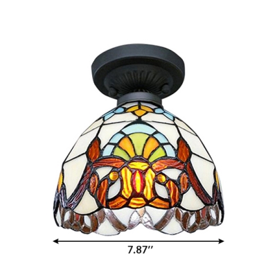 Down Lightinf Victorian Style Tiffany Semi Flush Mount Light with Black Iron Finish