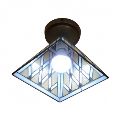 Geometric Pattern Square Tiffany Semi Flush Mount Light with Heritage Bronze Canopy