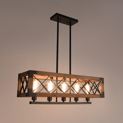Industrial Style 5 Light Ceiling Light Island Lamp with Wood Frame in Black Finish for Living Room Restaurant