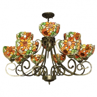 Sunflower Pattern Bowl Shade 12-Light Inverted Chandelier in Rustic Style