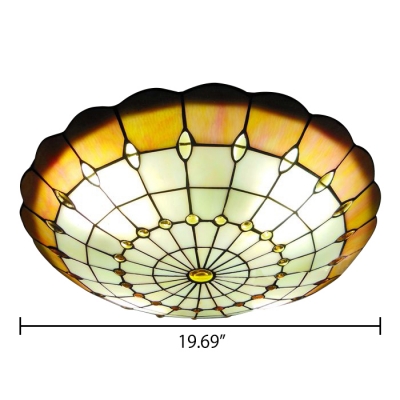 Yellow&White Circular Grid Design Tiffany Flush Mount Ceiling Fixture with Jewels