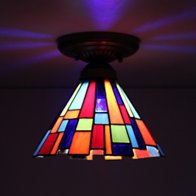 8 Inch Wide Colorful Conical Shade Tiffany Semi-Flush Light with Irregular Edge