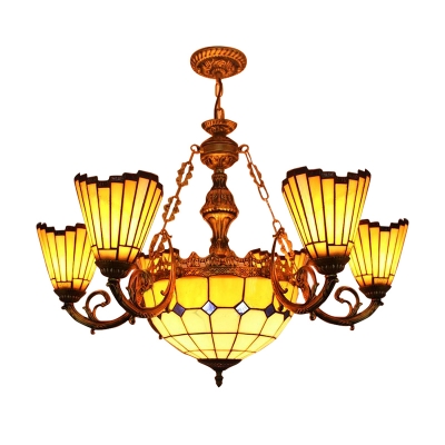 Classic Tiffany 7-Light Yellow Stained Glass Chandelier with Center Bowl 2 Designs for Option