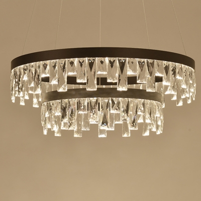 Contemporary Tiered Small/Medium/Large Chandelier Black Metal Suspended Loop with Hanging Crystal