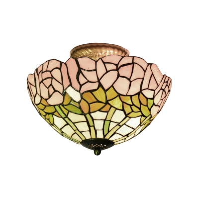 Floral Theme Bowl Shade Tiffany Semi-Flush Mount Ceiling Light 11.81