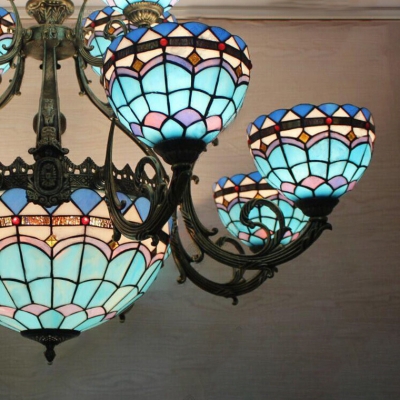 Mediterranean Style Blue Stained Glass 2/3 Tiers Chandelier with Center Bowl