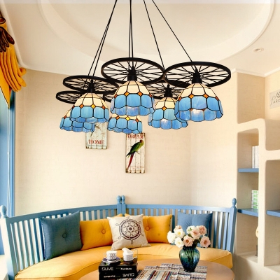 Mediterranean Style Tiffany Stained Glass 6-Light Hanging Pendant Lamp with Blue Dome Shade and Wheels