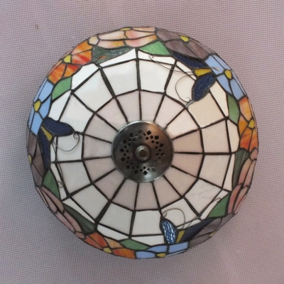 Multi-Colored Tiffany Style Bowl Shaped Flush Mount Ceiling Light with Butterfly and Beautiful Flower Pattern