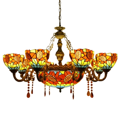 Sunflower Motif Amber Crystal Drops Accent Chandelier with Center Bowl 2 Sizes for Option