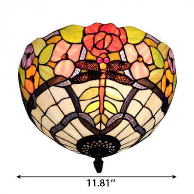 Vintage Classic Art Tiffany 2-Light Flush Mount Ceiling Fixture with Dragonfly and Floral Glass Shade, Multicolored, 12-Inch Wide
