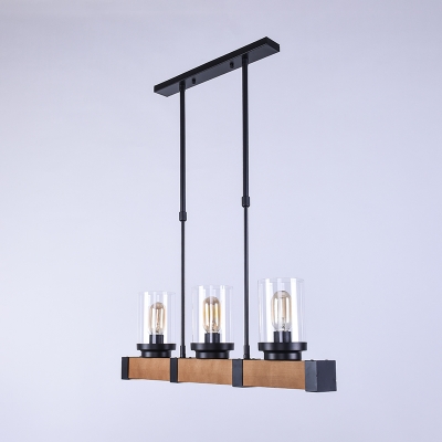 Vintage Style 3 Light Glass Shade Island Light Ceiling Lamp with Wood in Black