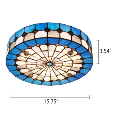 Circular Grid Blue Stained Glass Tiffany Flush Mount Ceiling Light in Mediterranean Style 2 Sizes Available