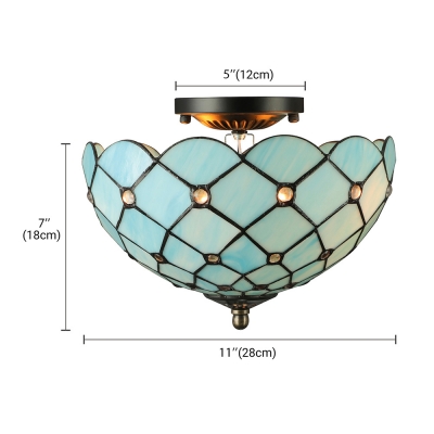 Mediterranean Sea Blue Pattern 12 Inch Semi Flush Mount Ceiling Light in Tiffany Stained Glass Style