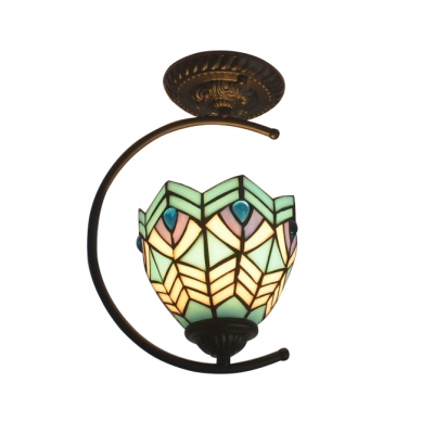 Tiffany Peacock Tail Bowl Shade Up Lighting Semi Flush Light with Jewels in Rustic Style
