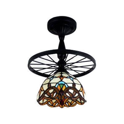 Tiffany Stained Glass Dome Shade Semi Flush Ceiling Light with Vintage Wheel Decor 15.35